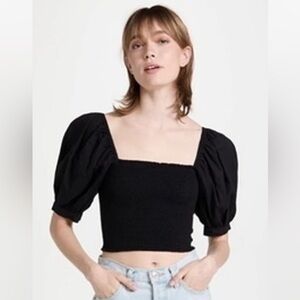 Xirena Black Cotton Smocked Square Neck Puff Sleeves Issa Top Sz. XS